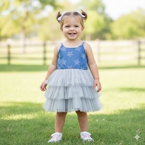 Girls Star Denim Blue Sleeveless Gray Tiered Tulle Summer Holiday Dress 18-24M